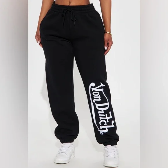 Von Dutch Black Jogger Pants with White Logo Leg Print - Picture 2 of 5